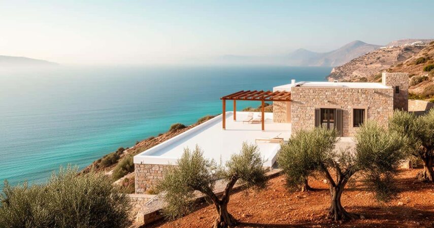 Villa de luxe en pierre face à la mer en Crète. Terrasse blanche avec pergola en bois, entourée d'oliviers, idéale pour comparer les locations de villas en Crète avant de réserver.